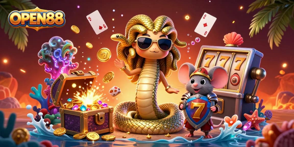 Experience thrilling moments with OPEN88 in a vibrant 3D casino illustration capturing Medusa and adventure.