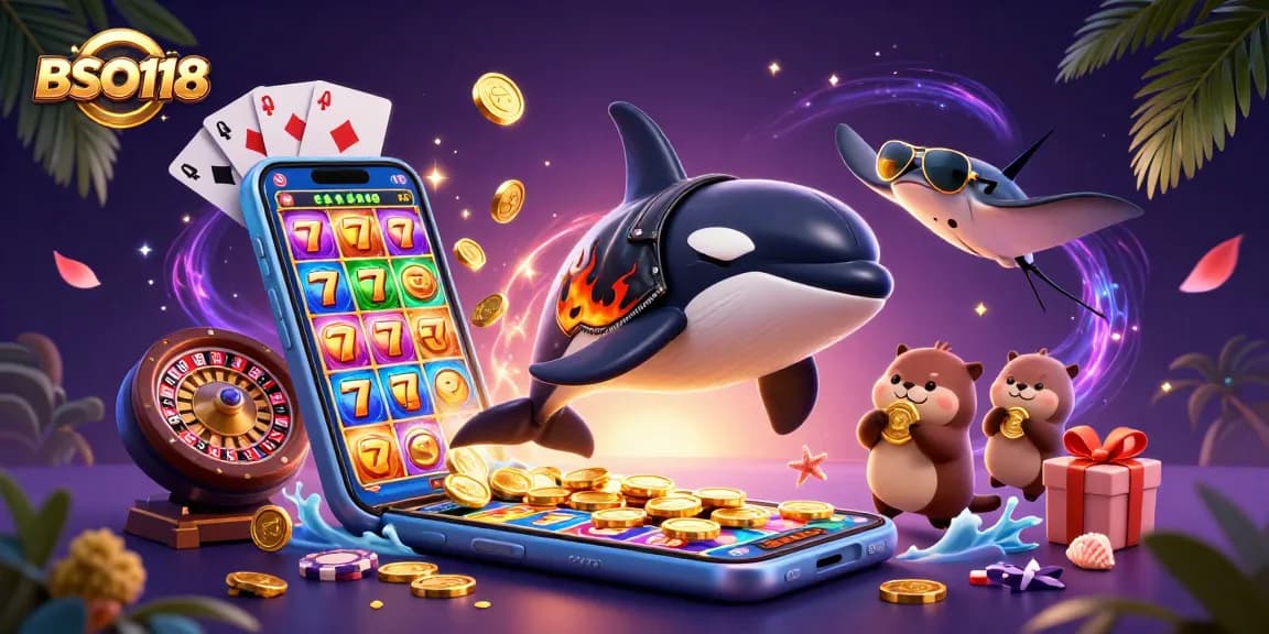 Experience excitement with BSO118 as the orca whale leaps and otters hold gold coins in a stunning casino scene.