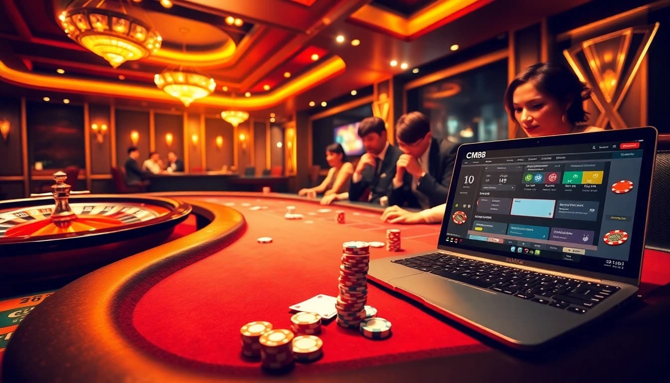 Gamblers enjoying the excitement of CM88 at a vibrant casino scene with cards and roulette.