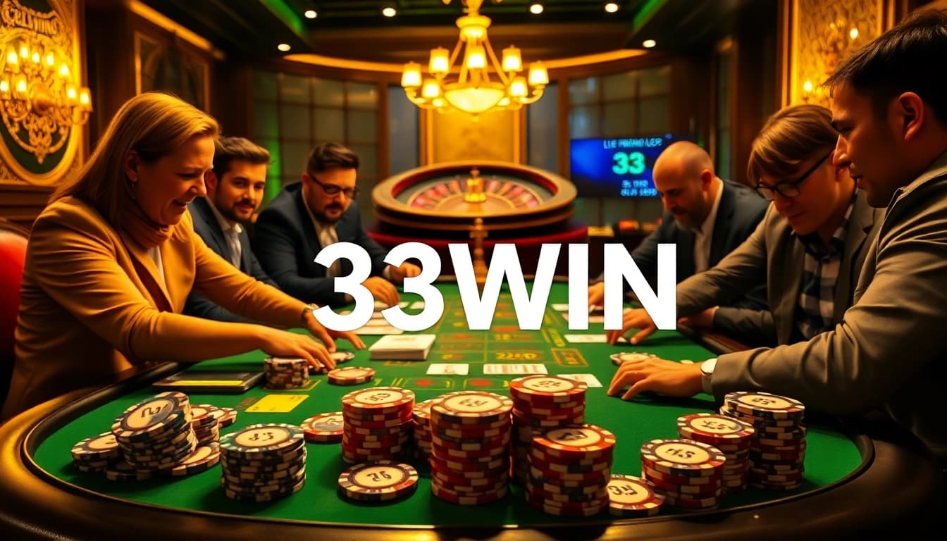 Players engaged in thrilling poker action showcasing 33WIN at a vibrant casino table.