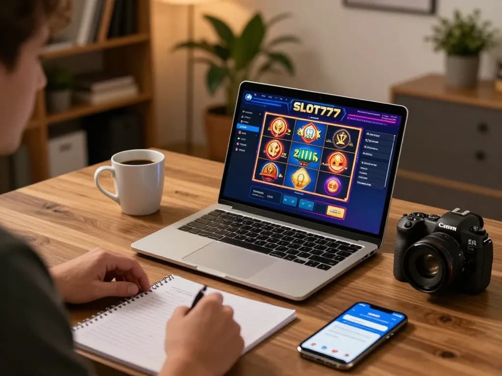 SLOT777 online gaming session with player focused on colorful slot interface, showcasing smart gaming strategies.