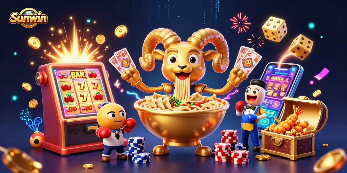 Play slot games at Sunwin with a colorful 3D casino scene filled with vibrant characters and excitement.
