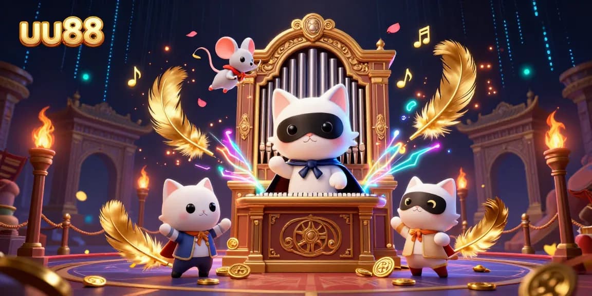 Play exciting casino games at uu88 with a vibrant 3D illustration of a phantom cat and acrobat.