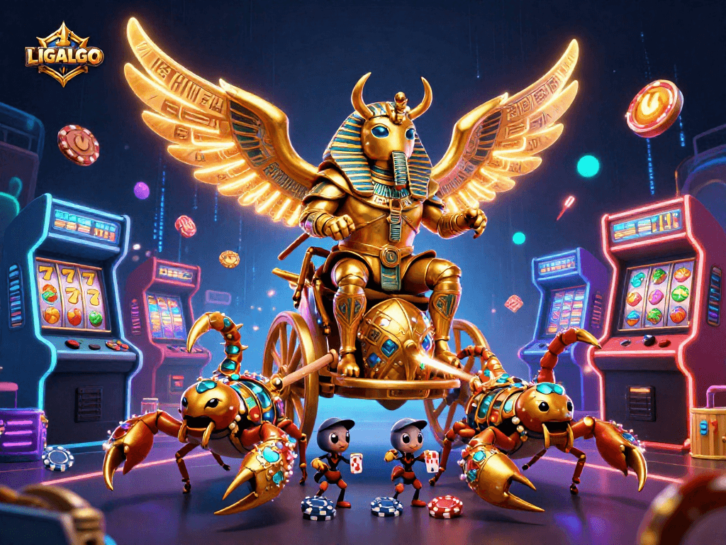 LIGALGO features a vibrant casino-themed illustration, showcasing engaging slot and gaming elements around a golden scarab.