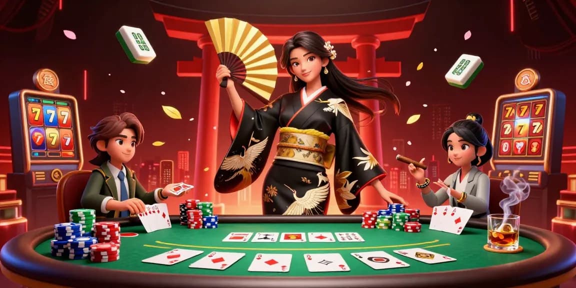 Witness the excitement of 55win with a striking scene featuring a graceful Asian woman amidst vibrant casino elements and slot reels.