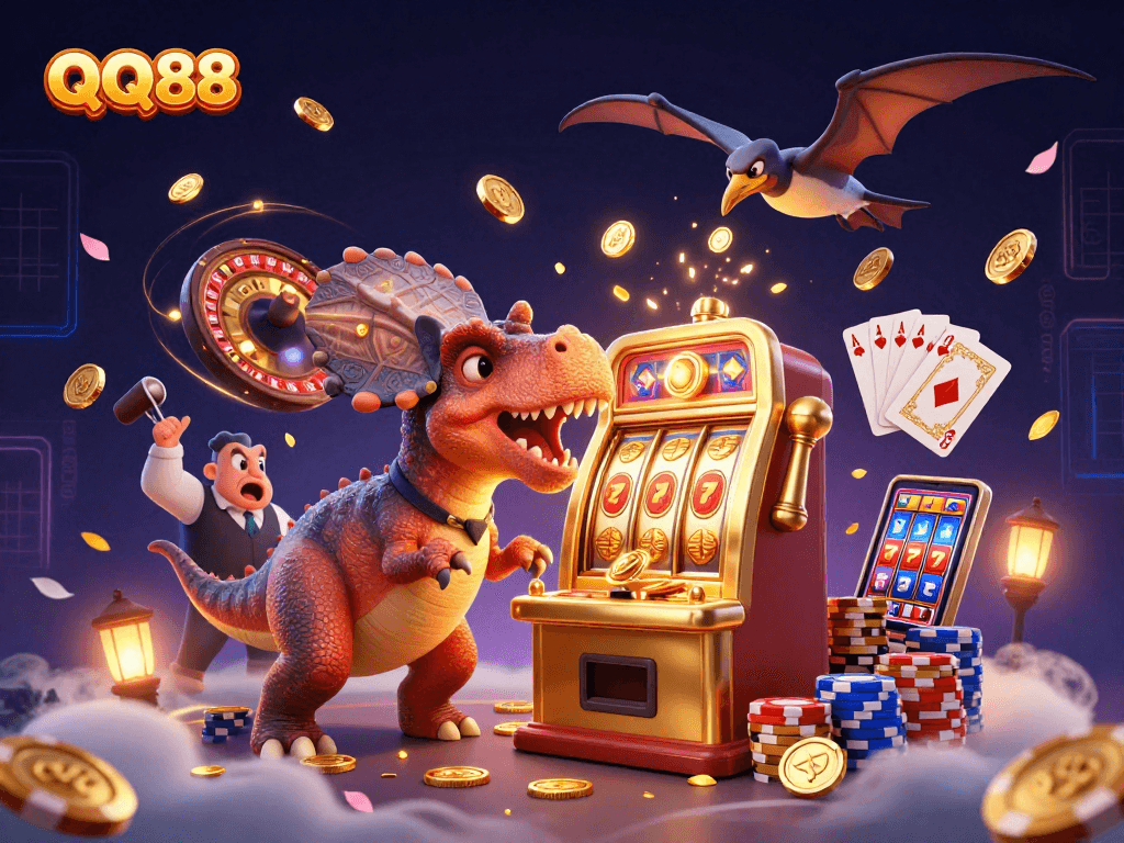 QQ88 slot machine animation features a pachycephalosaurus and casino manager in a vibrant gambling scene.