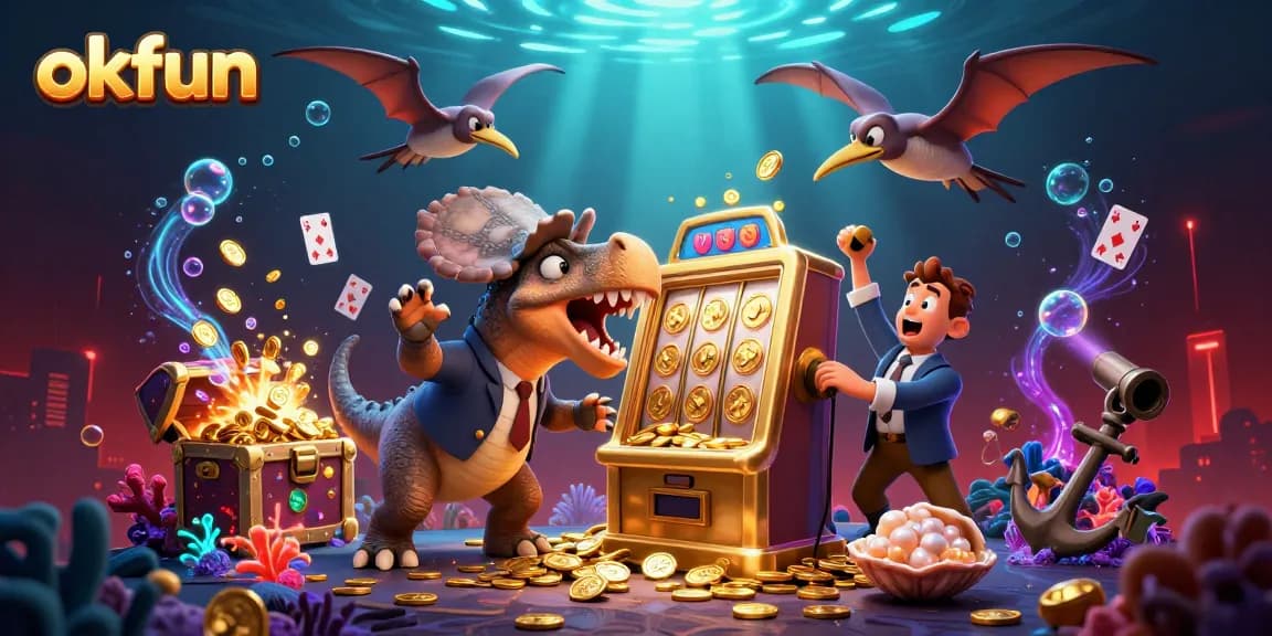 Experience the thrill at okfun as the dinosaur wins jackpot coins amidst an exciting casino scene.
