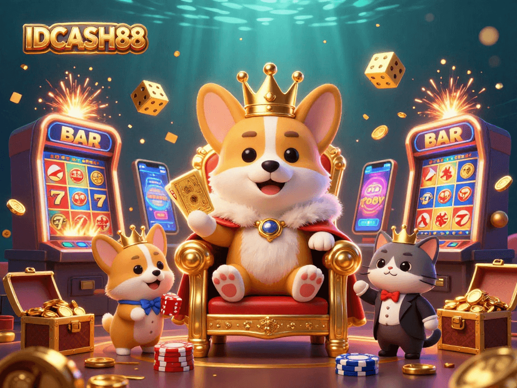 Experience thrilling gaming with IDCASH88 amid colorful casino elements and royal corgi characters.