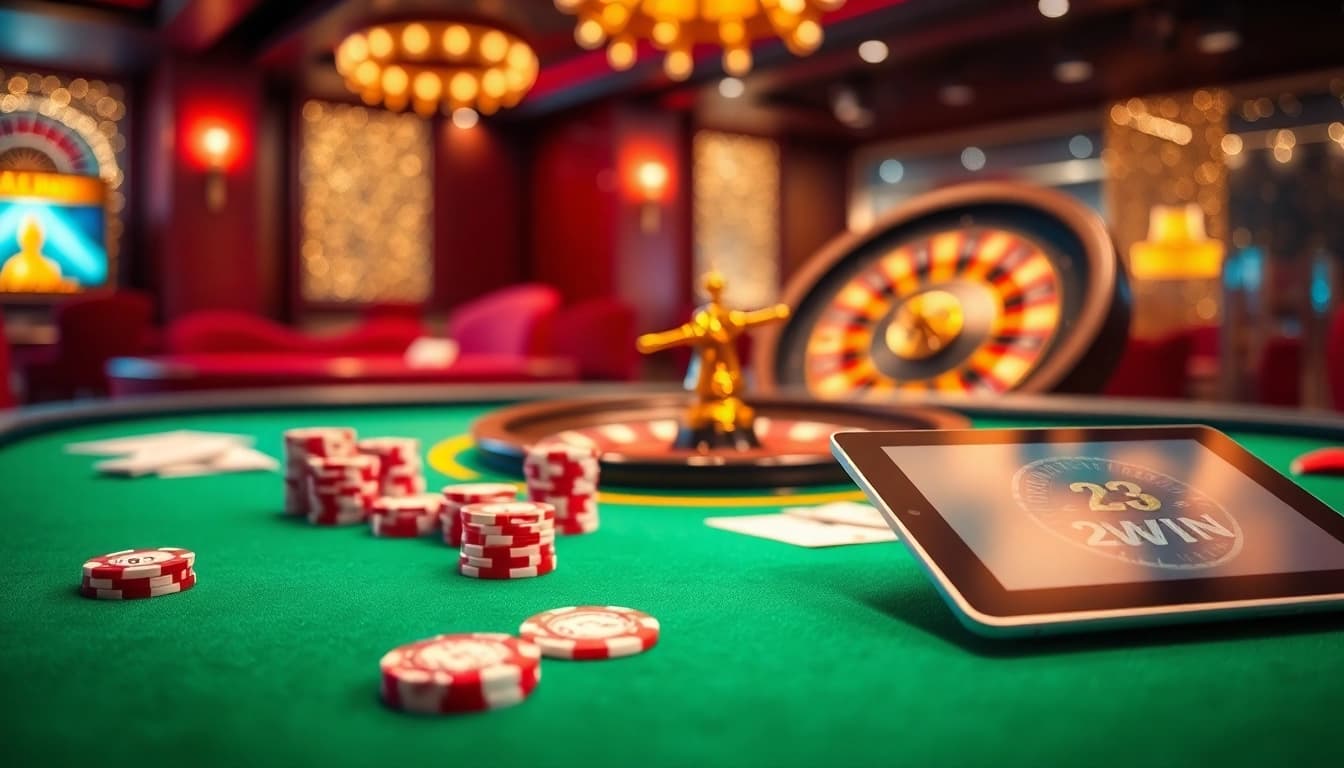 Experience the thrill of betting at 23WIN with vibrant casino elements and engaging gaming tables.