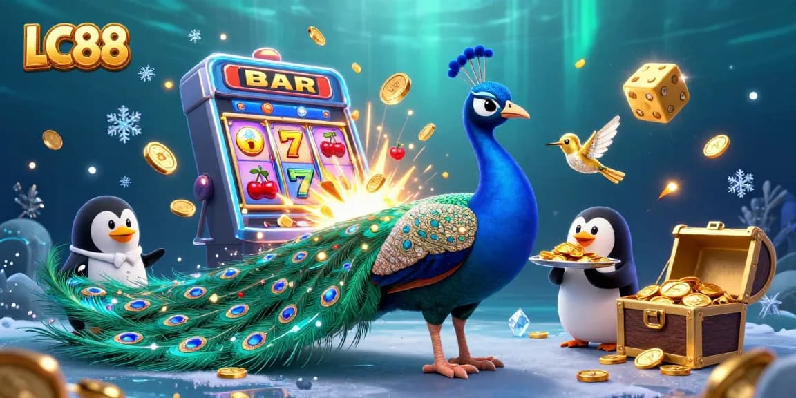Experience thrilling gameplay at LC88 with a dynamic and colorful casino scene featuring a peacock, penguin, and hummingbird.