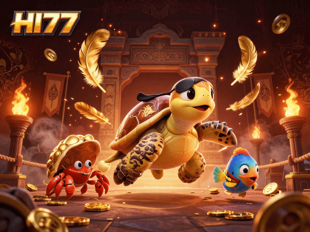 Experience thrilling bets at HI77 with pirate characters and treasure amidst vibrant casino elements.