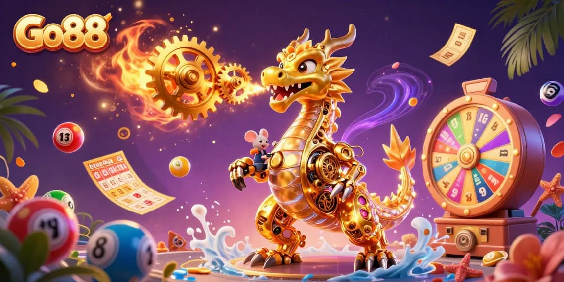 Experience winning with Go88 in a vibrant casino-themed 3D illustration packed with lottery excitement.