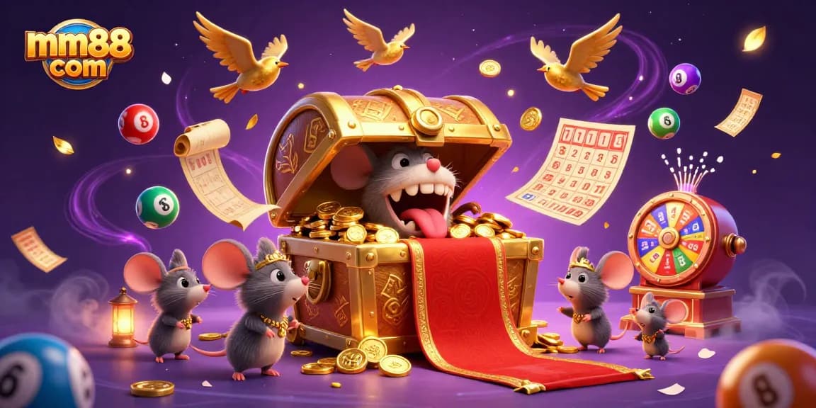 Experience excitement with mm88 com's vibrant lottery scene, showcasing playful treasure chest and energetic game elements.