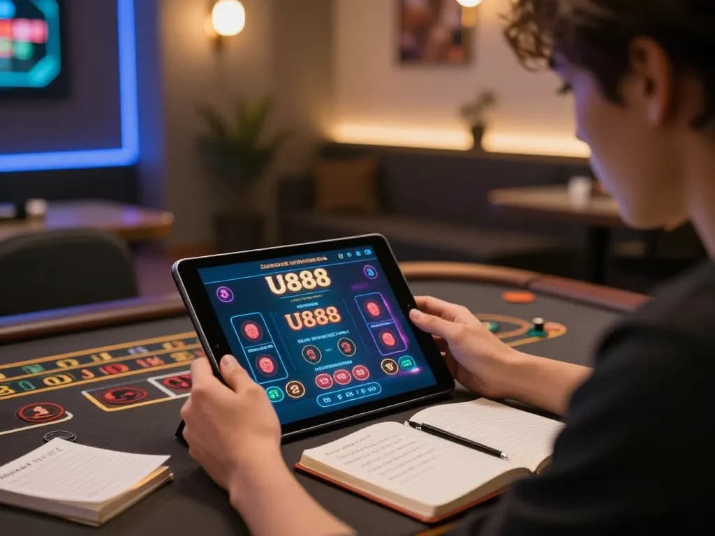 Player engaged in U888 online gaming strategy with tablet, cozy home environment, strategic betting.