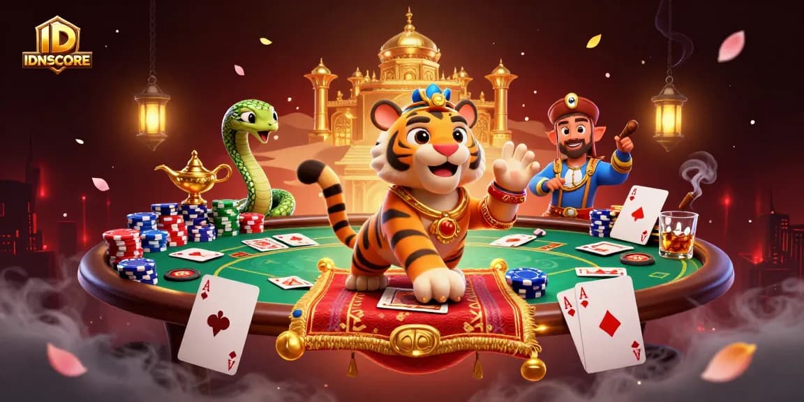 Engage in thrilling gameplay at IDNSCORE with vibrant casino action illustrated by a tiger sultan on a magical flying carpet.