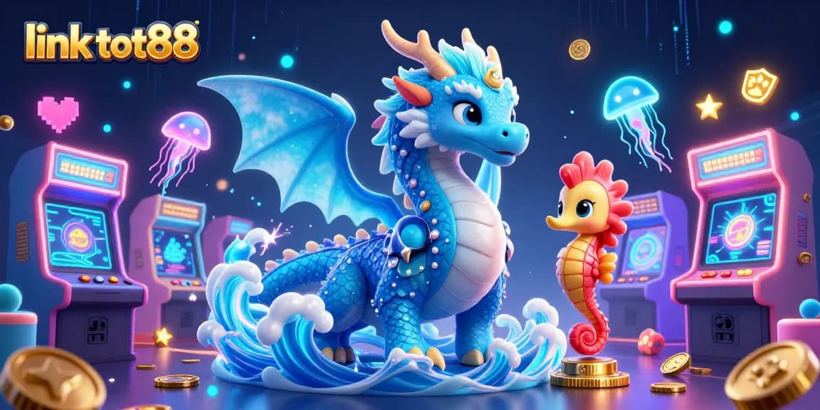 Experience the excitement of link tot88 with the vibrant scene of a water dragon and gaming elements.