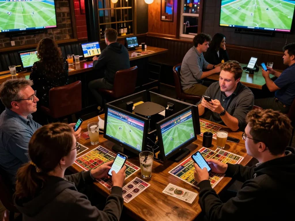 Patrons engaging in sports betting at a lively bar while enjoying drinks and games at uk88 com
