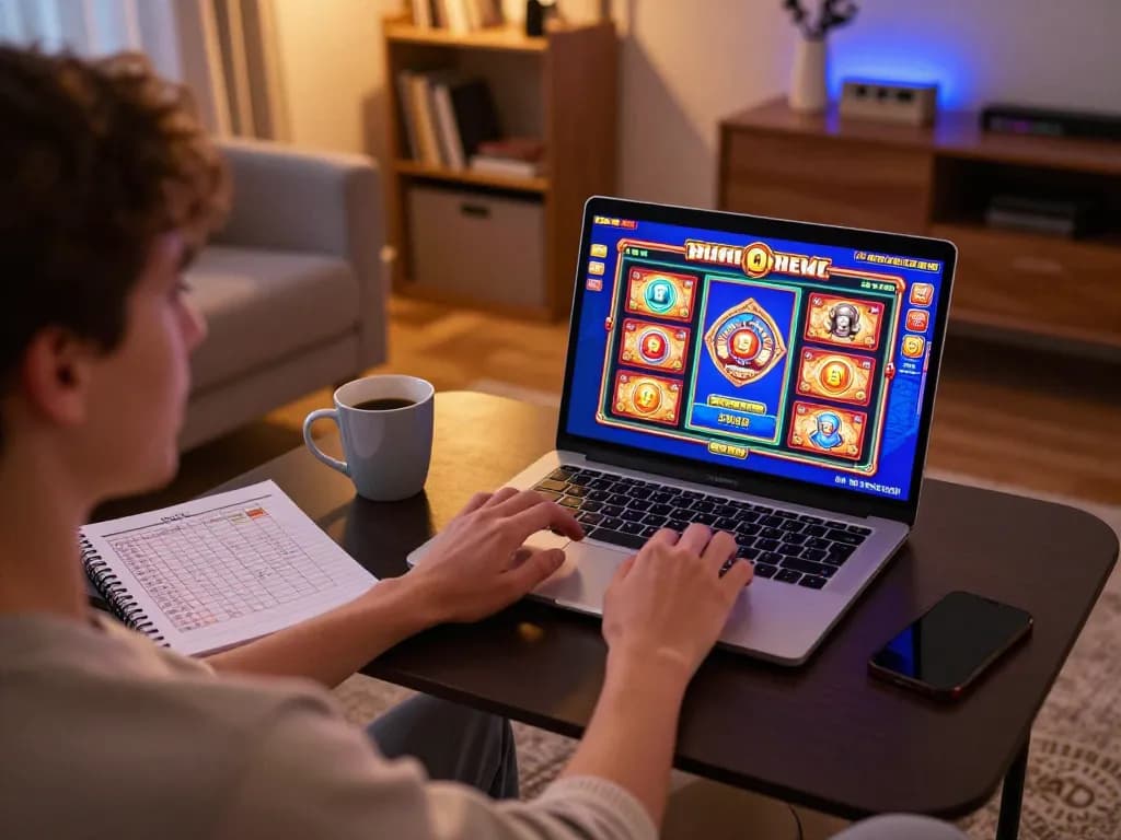 Engaging in online slots at home with 77WIN on the screen, showcasing responsible gaming