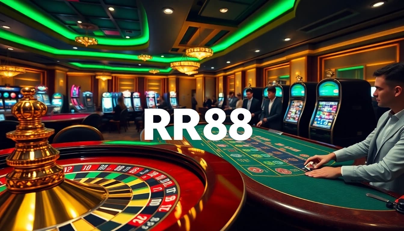 Experience the thrill at RR88 with vibrant casino tables, exciting slot machines, and colorful chips.