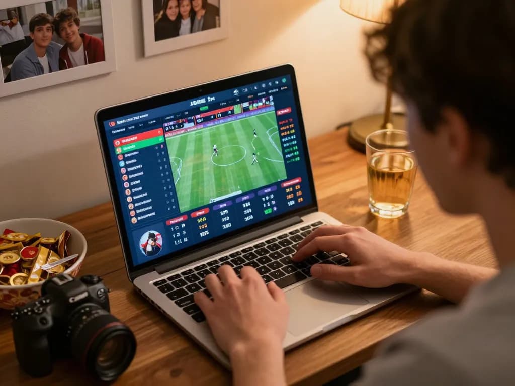 Exciting home sports betting session with nhà cái gk88 on the laptop screen, showcasing live odds and match action.