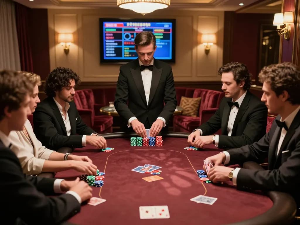 VIPWIN high-stakes poker game in an elegant private room with players focused on their cards and chips.