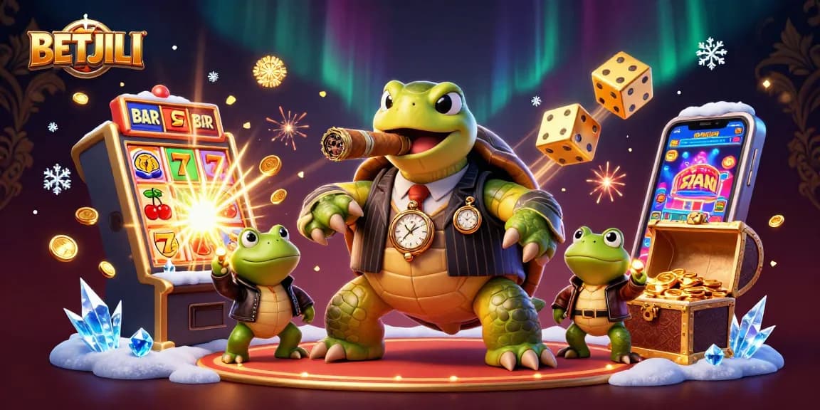 Engage with BETJILI's vibrant casino experience featuring a snapping turtle in a suit and dynamic game elements.