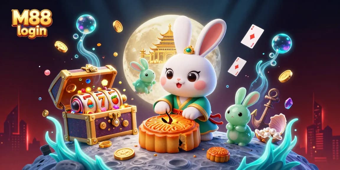 M88 login to discover a vibrant 3D illustration featuring a moon rabbit and gaming elements.