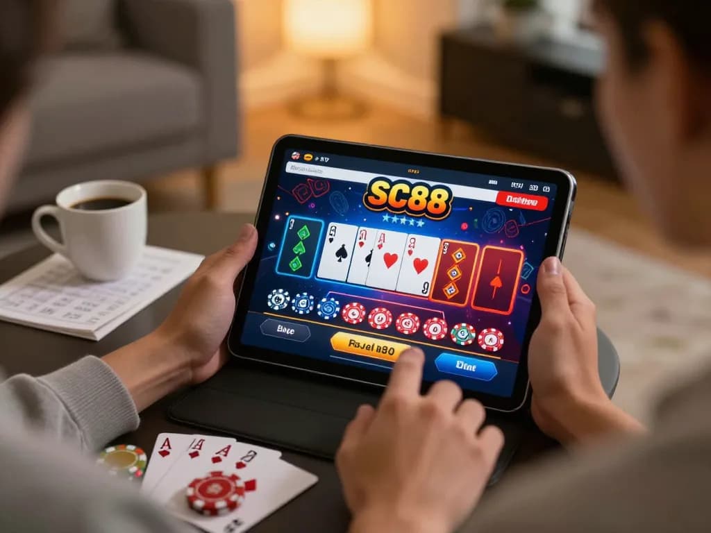 Player enjoying SC88 online casino on tablet with cards and chips visible, relaxed home setting.