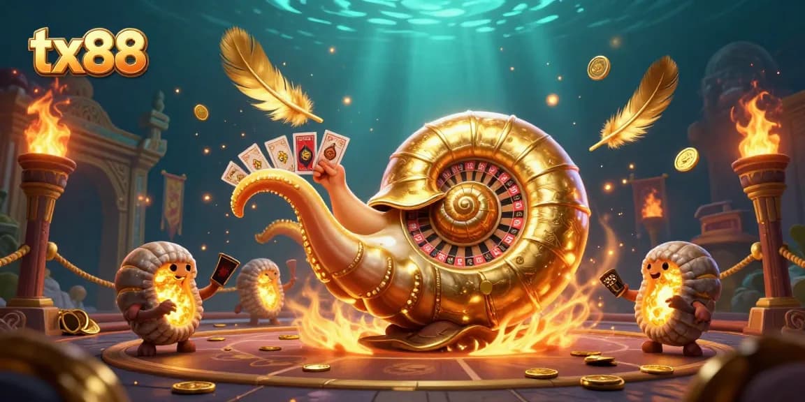 Experience the thrill of tx88 with a giant nautilus roulette wheel amidst glowing companions and casino treasures.