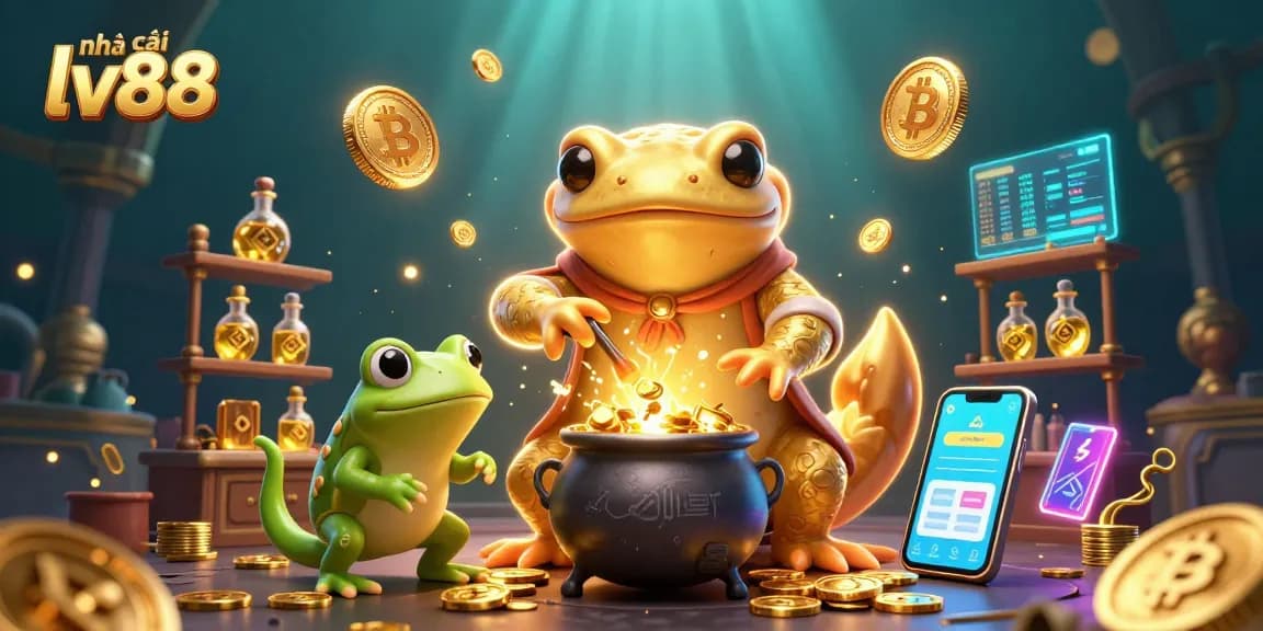Engage with nhà cái lv88 through a vibrant 3D casino illustration showcasing gold alchemy and crypto elements.