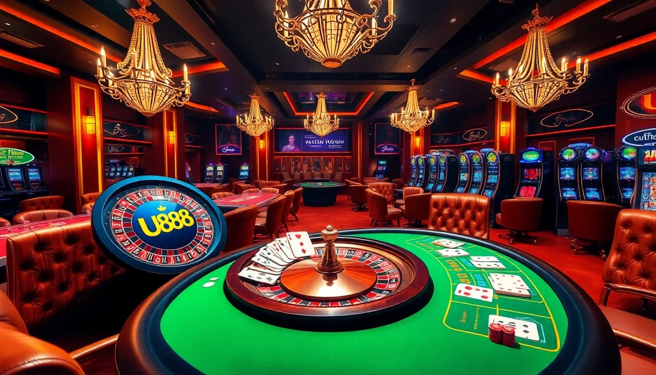 Experience the thrilling ambiance of U888's luxury casino atmosphere with vibrant games and excitement.