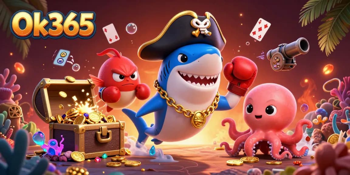 Experience thrilling gaming with Ok365 in this action-packed pirate-themed casino illustration.