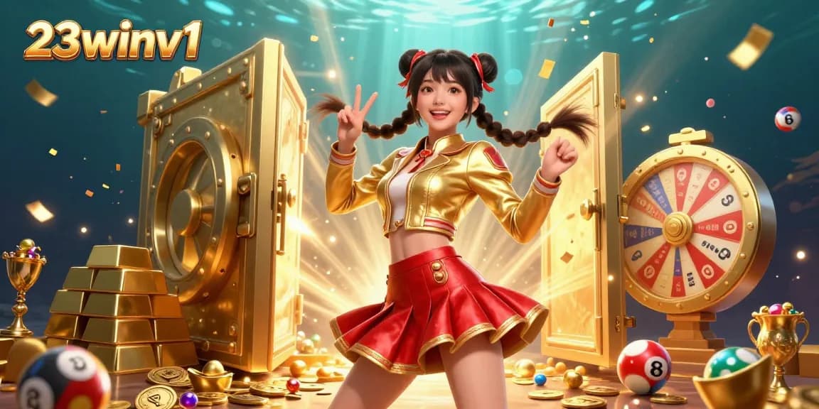 Engage with the thrilling world of 23winv1 featuring a vibrant Asian woman celebrating amidst treasures and lottery elements.