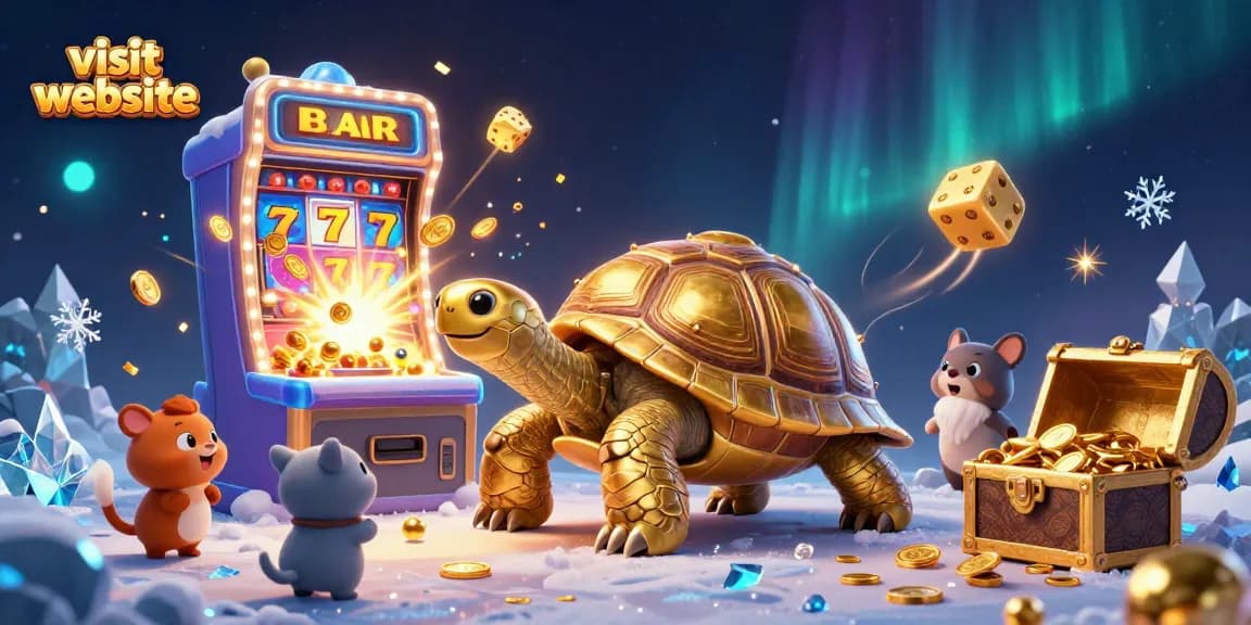 Experience vibrant casino excitement as you visit website, with a jubilant tortoise and playful animals amidst slot machines and game elements.