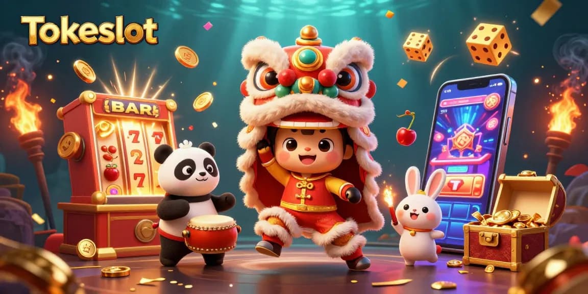 Tokeslot brings excitement with a vibrant lion dance and slot machine jackpot celebration