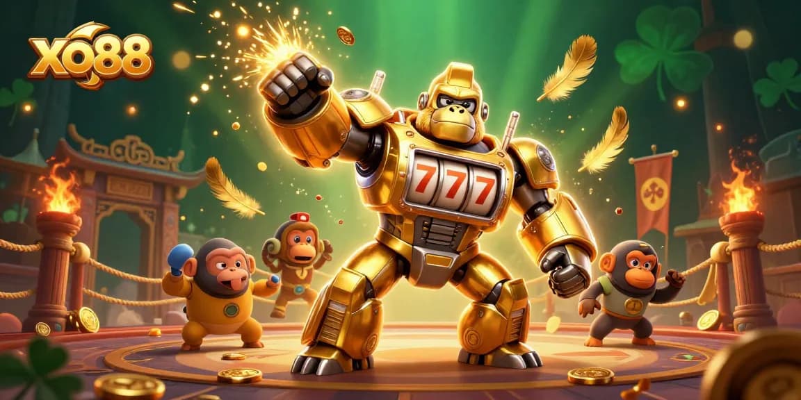 xo88 captivates players with a thrilling 3D scene of a golden gorilla mech and dynamic casino elements.