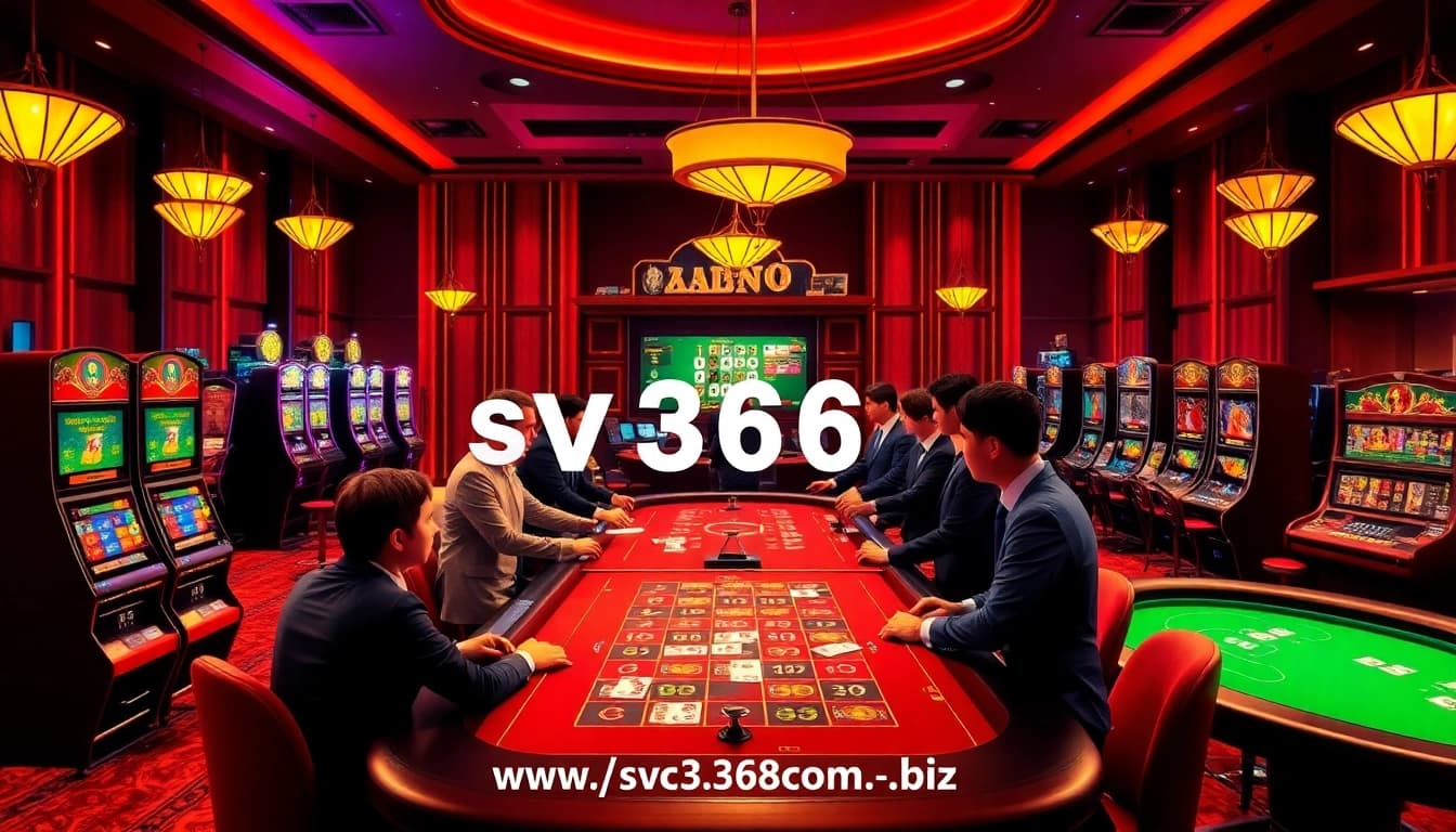 Experience thrilling online gambling at https://sv368com.biz/ with a vibrant casino atmosphere featuring tables, slots, and betting slips.