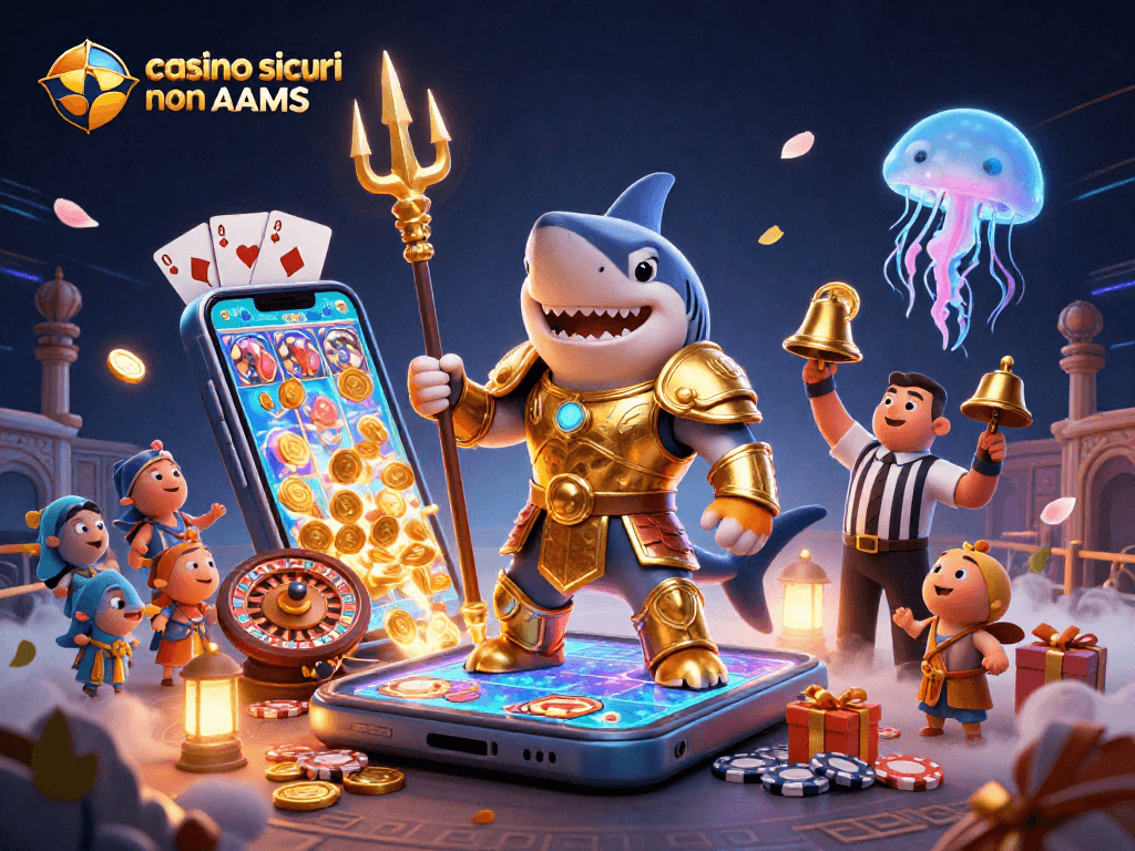 Azioni nei casino sicuri non AAMS con uno squalo guerriero e giochi di slot colorati.