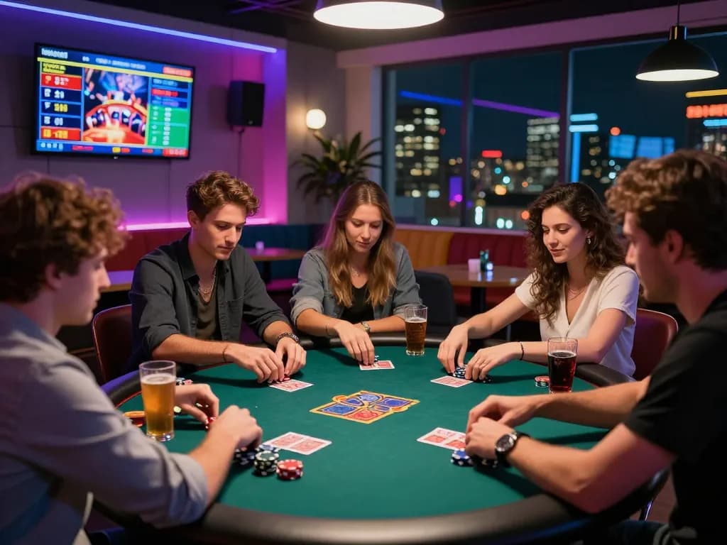 Exciting KO66 gaming lounge scene with friends playing poker and vibrant decor.
