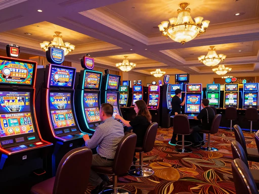 Duitgini players engaging with colorful slot machines, vibrant casino atmosphere