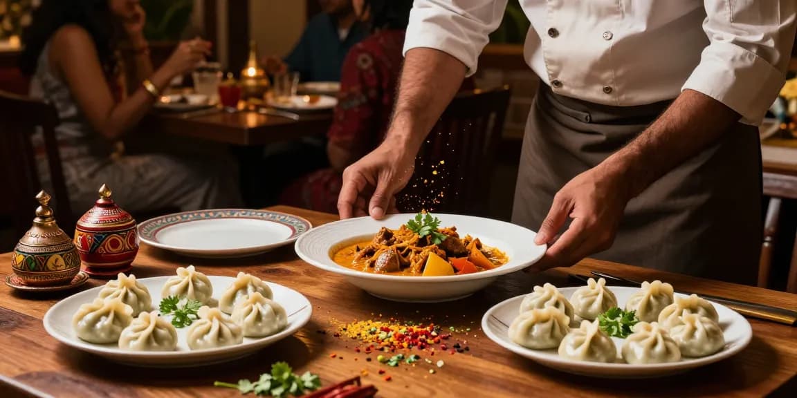 Delicious rokok88 curry dish and momo dumplings plated beautifully in a cozy restaurant setting.