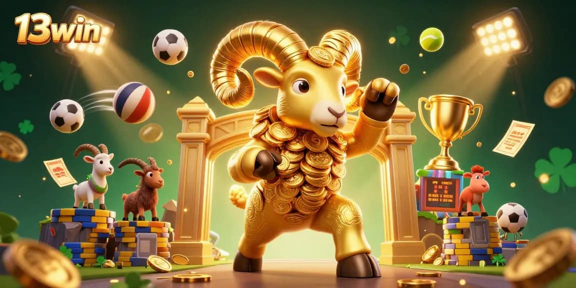 Engage with exciting sports betting at 13win featuring a dynamic scene of golden ram and sports elements.