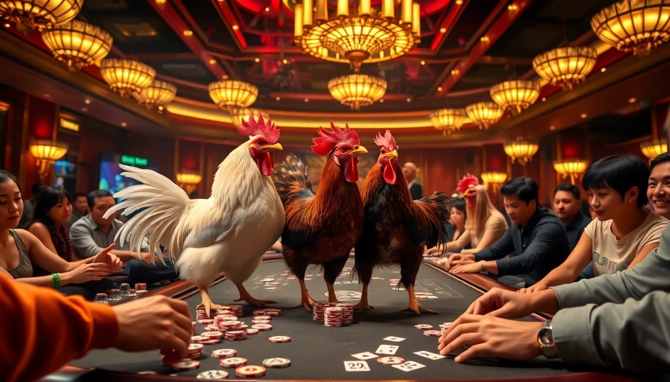 Engage in BJ88 đá gà action with live betting and vibrant casino atmosphere featuring chicken fights.