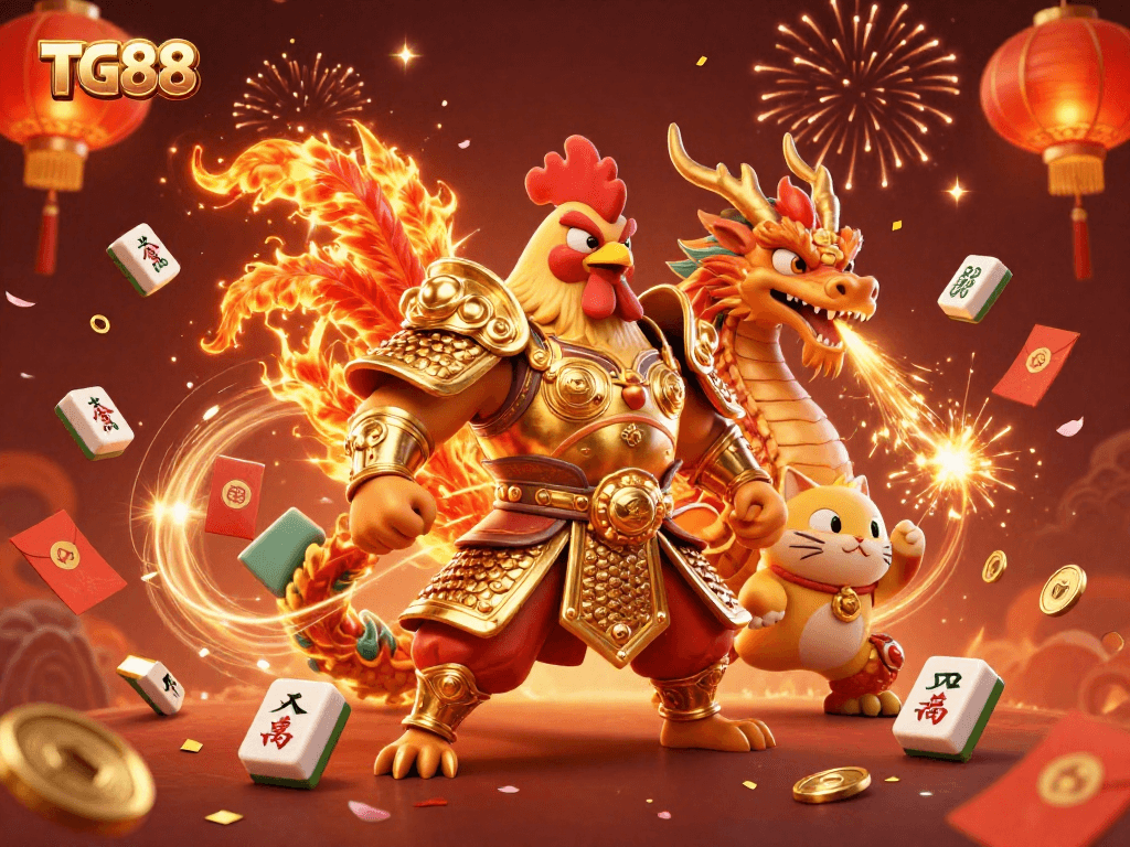 Engage with thrilling casino fun at TG88 featuring vibrant rooster, dragon, and lucky cat.