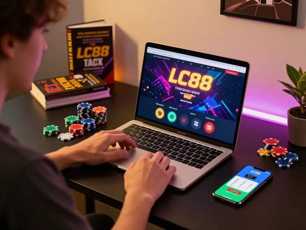 Player strategizing winning bets on LC88 at home with laptop and app.