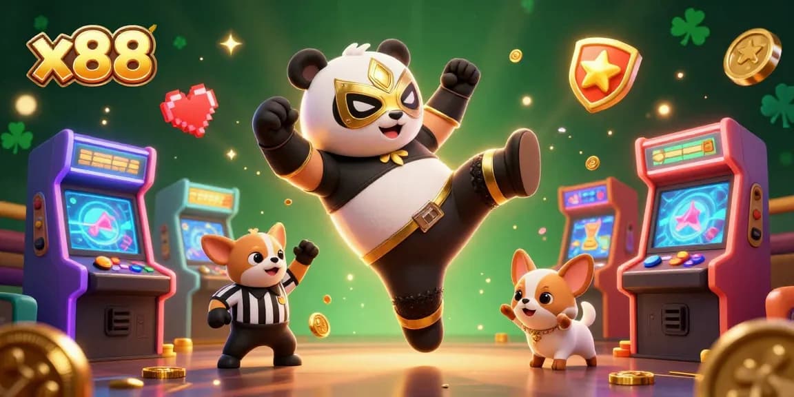 x88 delights players with a vibrant casino-inspired scene, featuring a wrestling panda and cheering animals.