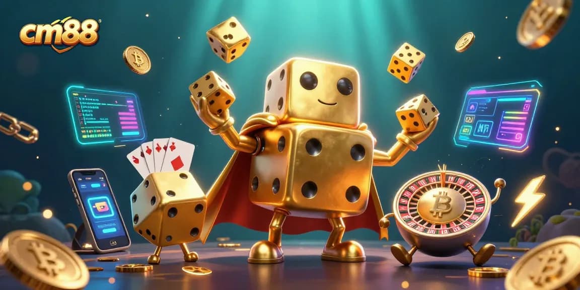 Experience thrilling gaming at cm88 with dazzling golden dice and crypto elements in a vibrant scene.