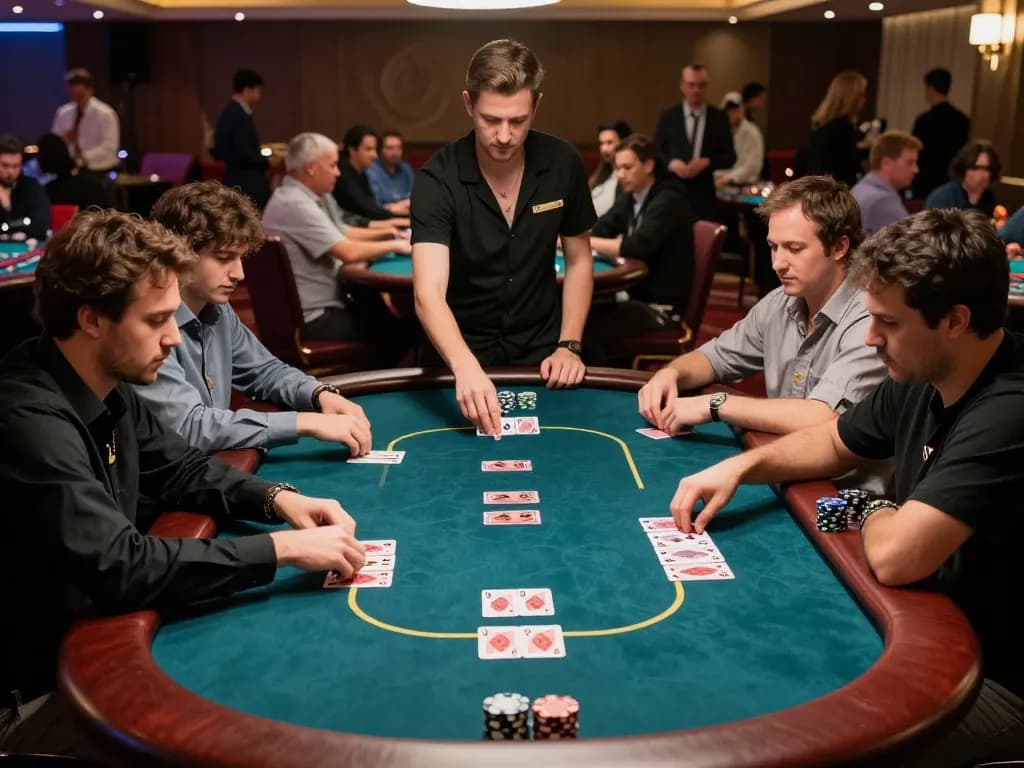 Players engaged in a high-stakes poker game at a luxurious casino showcasing lu88. com excitement.