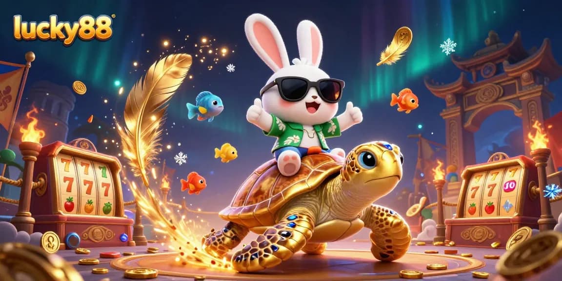 Spin to win with lucky88 in a vibrant 3D illustration of an adventurous rabbit and turtle.