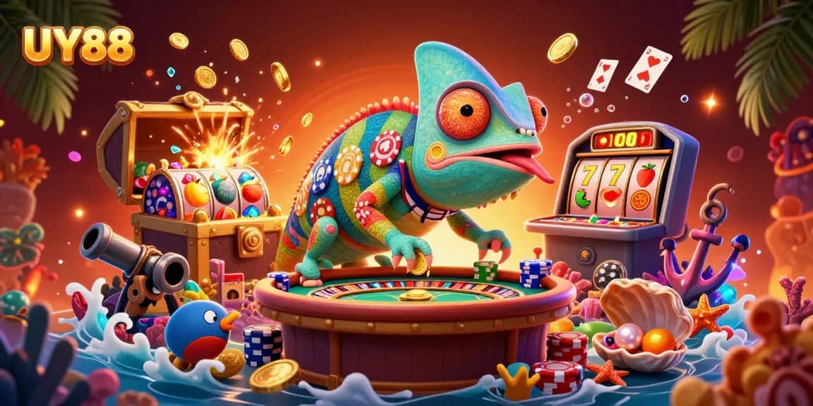 Spin winning reels and grab golden coins with UY88 in this vibrant casino scene.